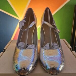 Holographic Silver Mary Jane Heels - Women's Dress Pumps